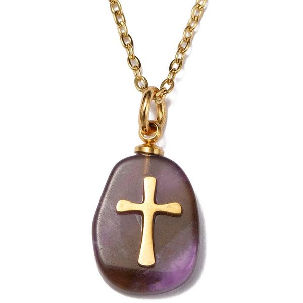 Kette Mit AnhäNger Firetti "Schmuck Geschenk Kreuz", Bunt (Gelbgoldfarben, Lila), Halsketten, Damen, Edelstahl, L: 45 B: 2Mm, Made In Germany - Mit Rosenquarz, Quarz Oder Amethyst, B:2Mm-image