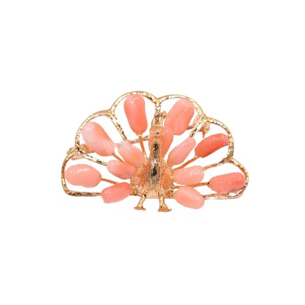 Brosche Firetti "Schmuck Geschenk Ansteckschmuck Pfau Koralle", Bunt (Gelbgoldfarben, Rosa, Rosa), Broschen, Damen, Messing, Brosche, Mit Koralle-image