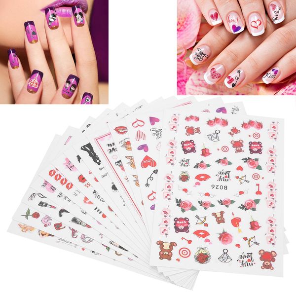 12 Fogli San Valentino Nail Art Adesivi Labbra Rosse Forma Di Cuore Decorazione Unghie Adesivi-image
