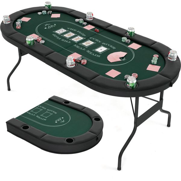 Costway Tavolo Da Poker Pieghevole Per 8 Giocatori, Tavolo Da Gioco Con Portabevande E Bracciolo Imbottito, Tavolo Da Poker Da Casinò Per Blackjack, Texas Hold'em-image