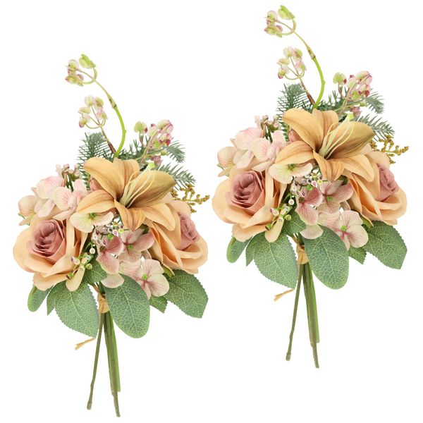 Kunstblume I.Ge.A. "Kunstblumen-Strauß Rosen Lilien Hortensie", Orange (Peach), B:18Cm H:35Cm L:17Cm, Polyester, Kunstpflanzen, Blumenstrauß Bouquet Blume Grabschmuck Aufleger Grabdeko-image