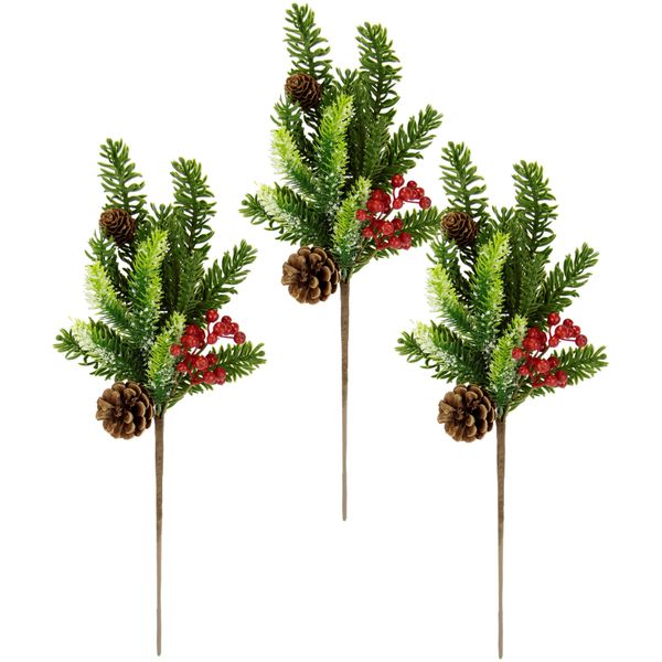 Winterliche Kunstpflanze I.Ge.A. "Kunstzweig, Weihnachtsdeko", Bunt (GrüN, Rot), B:16Cm H:45Cm T:7Cm, Kunststoff, Kunstpflanzen, Mit Echten Zapfen Und Beeren, 3Er Set, GrüN, Rot, Natur-image