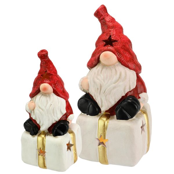 Dekofigur I.Ge.A. "Wichtel Auf Geschenk", Rot (Weiß, Rot), B:6Cm H:13Cm, Terrakotta, Dekofiguren, Mit Led 2Er Set Weihnachtsdeko Kunstfigur Deko Statue Skulptur-image
