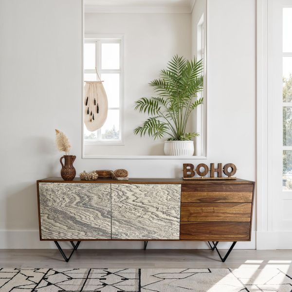 Wohnling Credenza 175X71X40 Cm Cassettiera In Legno Massiccio Di Sheesham Con Effetto Pietra Bianco Cassettiera Alta Mobile Da Terra Moderno Con 2 Ante E 3 Cassetti-image