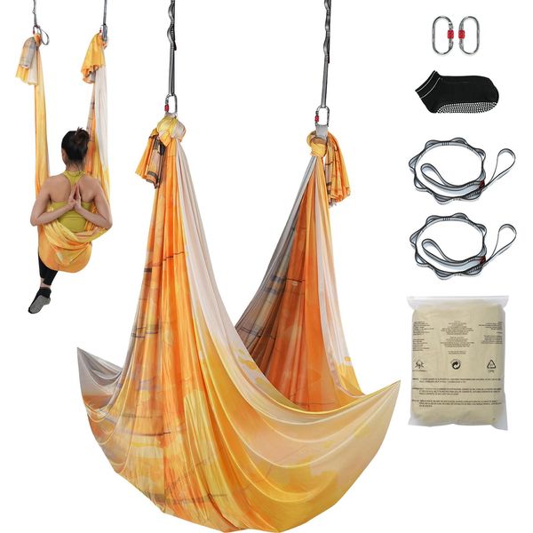 Vevor Set Di Amache Per Yoga Aereo 5 X 2,8 M, Golden Aerial Yoga Swing Air Flying, Amaca Yoga Swing 1000 Kg Max. Capacità Di Carico, Inclusi Calzini Da Yoga E Moschettone In Acciaio, Esercizi Antigravitazionali-image