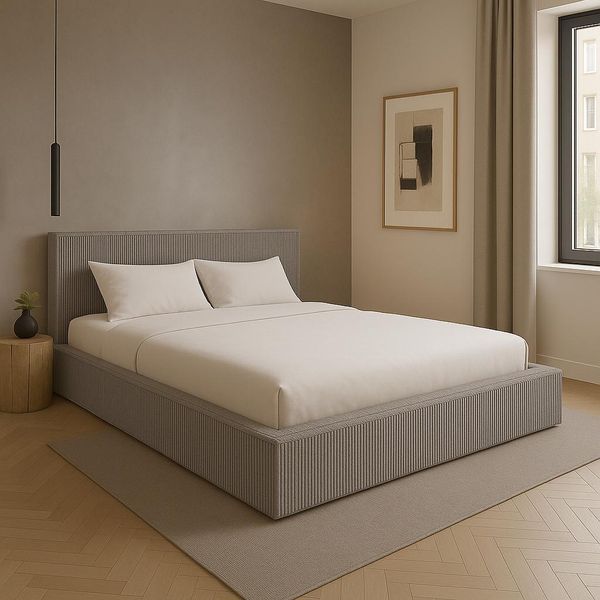 Gutto Letto Imbottito Su Misura Filo Beige 200X200 In Tessuto A Coste Con Rete A Doghe In Legno Design Moderno In Colori Di Tendenza, Senza Contenitore-image