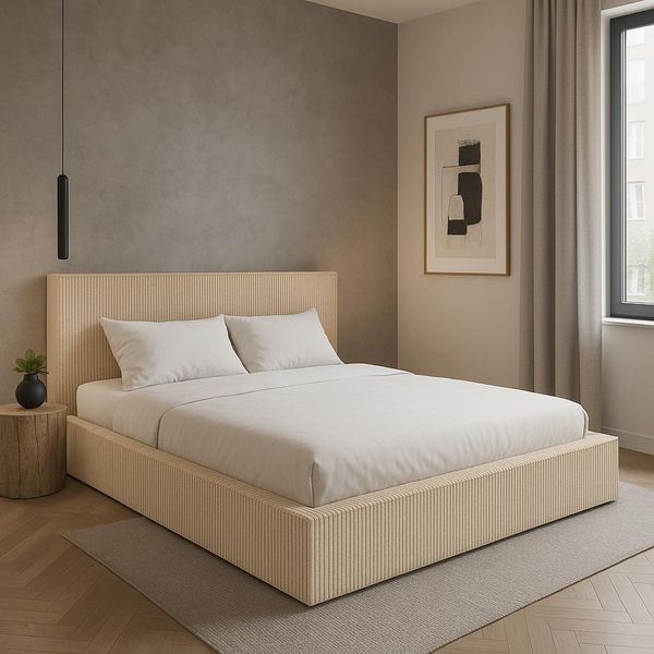 Gutto Letto Imbottito Su Misura Filo Crema 200X200 In Tessuto A Coste Con Rete A Doghe In Legno Design Moderno In Colori Di Tendenza, Senza Contenitore-image