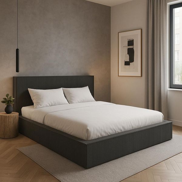 Gutto Letto Imbottito Su Misura Filo Grey 120X200 In Tessuto A Coste Con Rete A Doghe In Legno Design Moderno In Colori Di Tendenza, Senza Contenitore-image