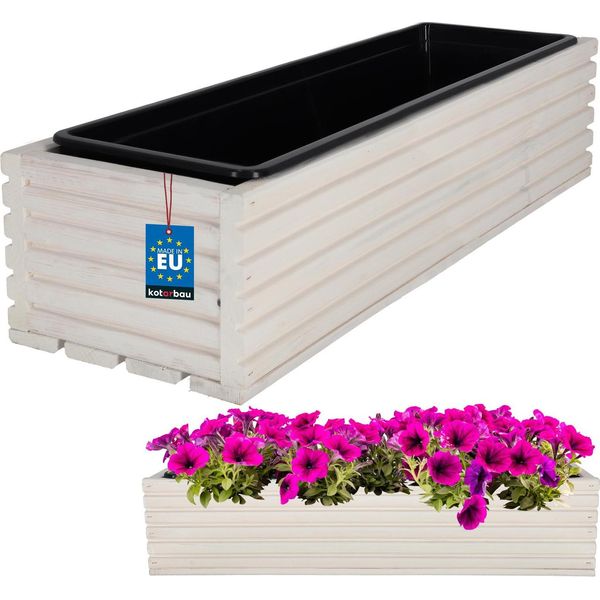Kotarbau® Cassetta Per Fiori In Legno 64X20Cm Con Vaso Interno Cassetta Per Balconi Bianco Vaso Per Fiori Fioriera Vaso Per Fiori In Legno Cassetta Per Fiori Da Esterno Balcone Giardino Terrazza Con Inserto-image