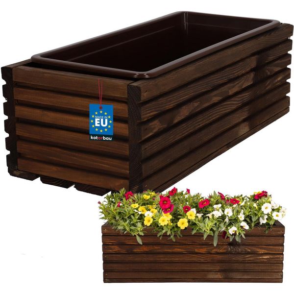 Kotarbau® Cassetta Per Fiori In Legno 44X20Cm Con Vaso Interno Cassetta Per Balconi Vaso Per Fiori Marrone Fioriera Vaso Per Fiori In Legno Cassetta Per Fiori Da Esterno Balcone Giardino Patio Con Inserto-image