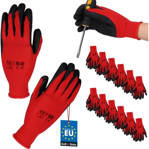Kotarbau® Set Di 12 Guanti Guanti Da Lavoro Guanti Da Lavoro Antiscivolo Rivestiti In Lattice Taglia 7 Rosso Accessori Da Officina Uomo Guanti Da Giardinaggio Invernali Guanti Da Lavoro Donna-image