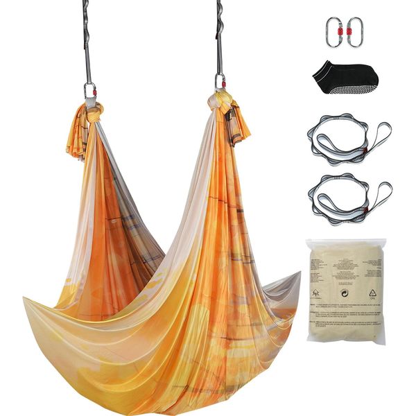 Succebuy Amaca E Altalena Air Yoga - 5,5 Metri Oro. Tessuto Di Nylon Da 100 G/M². Kit Iniziale Con Ferramenta E Istruzioni. Volano Antigravitazionale Per Il Bodybuilding E Il Fitness A Tutti I Livelli.-image