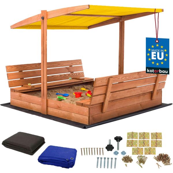 Kotarbau® Sabbiera Con Copertura 140 X 140 Cm Grande Sabbiera In Legno Marrone Con Tetto Giallo Sabbiera Con Copertura Sabbiera Con Tetto Gioco Da Giardino Per Bambini Impregnato Chiudibile A Chiave Con Panchine-image