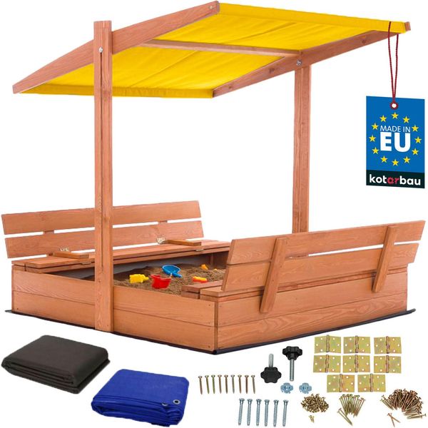 Kotarbau® Sabbiera Con Copertura 120 X 120 Cm Grande Sabbiera In Legno Marrone Con Tetto Giallo Sabbiera Con Copertura Sabbiera Con Tetto Gioco Da Giardino Per Bambini Impregnato Chiudibile A Chiave Con Panchine-image