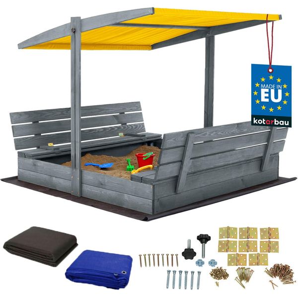 Kotarbau® Sabbiera Con Copertura 140 X 140 Cm Grande Sabbiera Grigia In Legno Con Tetto Giallo Sabbiera Con Copertura Sabbiera Con Tetto Gioco Da Giardino Per Bambini Impregnato Chiudibile A Chiave Con Panchine-image