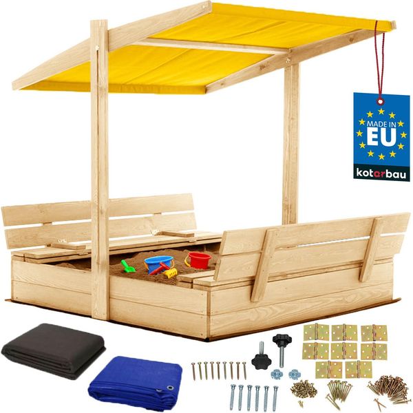 Kotarbau® Sabbiera Con Copertura 120 X 120 Cm Grande Sabbiera In Legno Di Colore Naturale Con Tetto Giallo Sabbiera Con Copertura Sabbiera Con Tetto Gioco Da Giardino Per Bambini Impregnato Chiudibile A Chiave Con Panchine-image