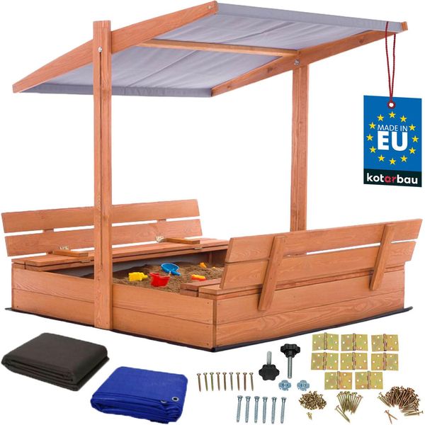 Kotarbau® Sabbiera Con Copertura 120 X 120 Cm Grande Sabbiera In Legno Marrone Con Tetto Grigio Sabbiera Con Copertura Sabbiera Con Tetto Gioco Da Giardino Per Bambini Impregnato Chiudibile A Chiave Con Panchine-image