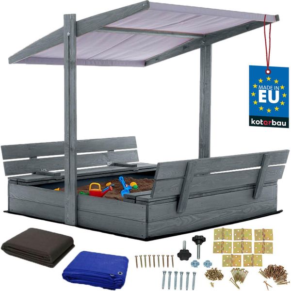 Kotarbau® Sabbiera Con Copertura 120 X 120 Cm Grande Sabbiera In Legno Grigio Con Tetto Grigio Sabbiera Con Copertura Sabbiera Con Tetto Gioco Da Giardino Per Bambini Impregnato Chiudibile A Chiave Con Panchine-image