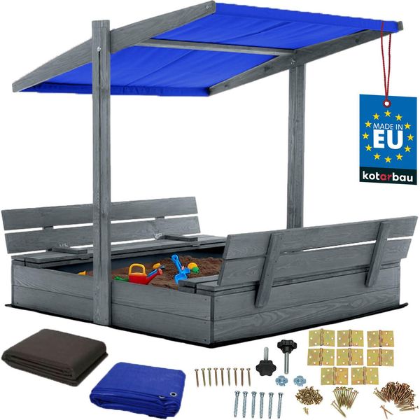 Kotarbau® Sabbiera Con Copertura 120 X 120 Cm Grande Sabbiera Grigia In Legno Con Tetto Blu Sabbiera Con Copertura Sabbiera Con Tetto Gioco Da Giardino Per Bambini Impregnato Chiudibile A Chiave Con Panchine-image