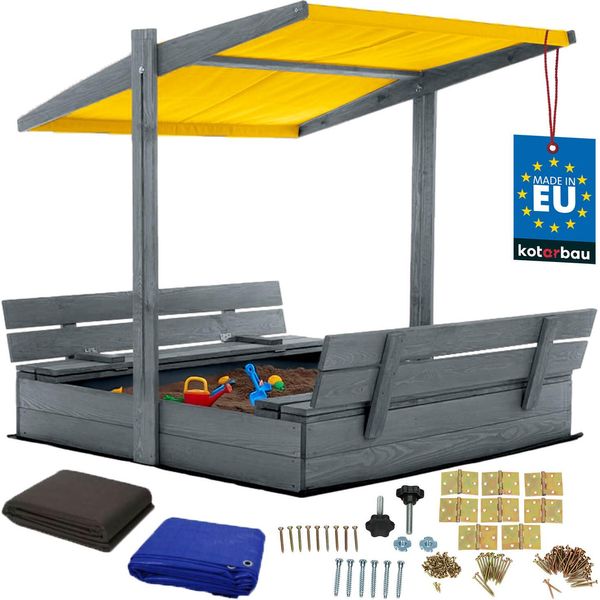 Kotarbau® Sabbiera Con Copertura 120 X 120 Cm Grande Sabbiera In Legno Grigio Con Tetto Giallo Sabbiera Con Copertura Sabbiera Con Tetto Gioco Da Giardino Per Bambini Impregnato Con Chiusura A Chiave Con Panchine-image