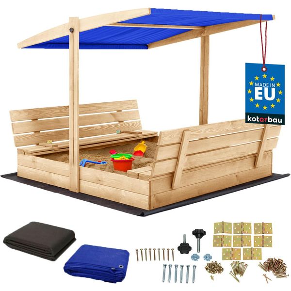 Kotarbau® Sabbiera Con Copertura 140 X 140 Cm Grande Sabbiera In Legno Di Colore Naturale Con Tetto Blu Sabbiera Con Copertura Sabbiera Con Tetto Gioco Da Giardino Per Bambini Impregnato Chiudibile A Chiave Con Panchine-image