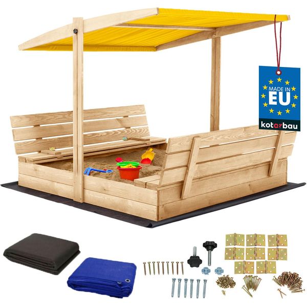 Kotarbau® Sabbiera Con Copertura 140 X 140 Cm Grande Sabbiera In Legno Di Colore Naturale Con Tetto Giallo Sabbiera Con Copertura Sabbiera Con Tetto Gioco Da Giardino Per Bambini Impregnato Chiudibile A Chiave Con Panchine-image