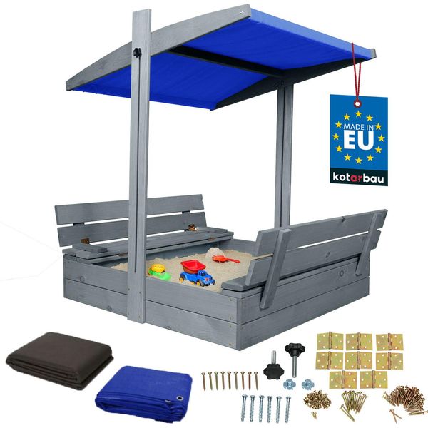 Kotarbau® Sabbiera Con Copertura 100 X 100 Cm Grande Sabbiera In Legno Grigio Con Tetto Blu Sabbiera Con Copertura Sabbiera Con Tetto Gioco Da Giardino Per Bambini Impregnato Con Chiusura A Chiave Con Panchine-image