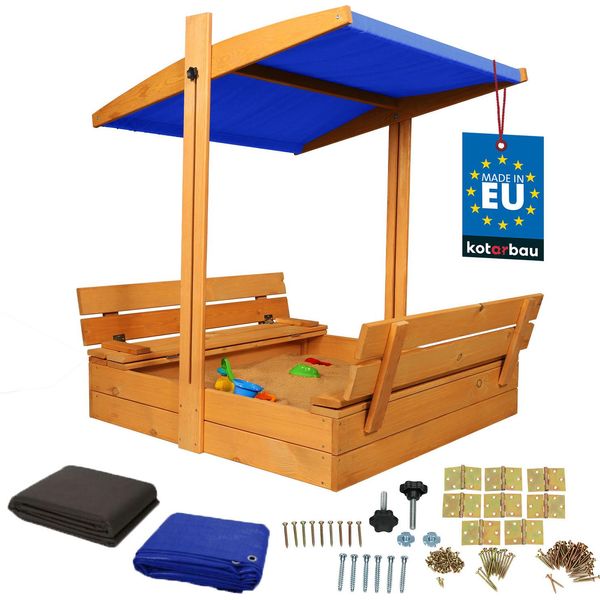 Kotarbau® Sabbiera Con Copertura 100 X 100 Cm Grande Sabbiera In Legno Marrone Con Tetto Blu Sabbiera Con Copertura Sabbiera Con Tetto Gioco Da Giardino Per Bambini Impregnato Chiudibile A Chiave Con Panchine-image