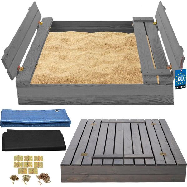 Kotarbau® Sabbiera Con Copertura 100 X 100 Cm Grigio Grande Sabbiera In Legno Sabbiera Con Panca E Copertura Giochi Da Giardino Bambini Impregnato Chiudibile Con Panche-image