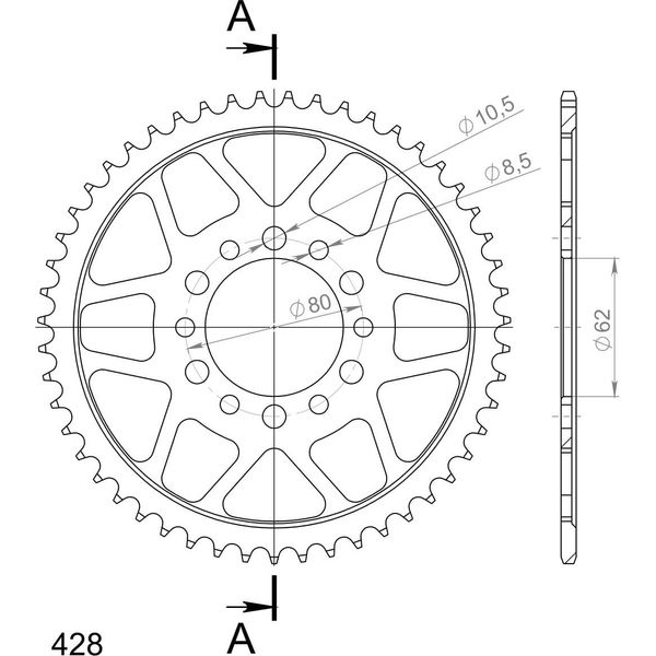 Pignone In Acciaio Supersprox 428 - 51T (Nero) RFE-1842:51-BLK|ID 62,0 Lk 80,0 6 Fori-image