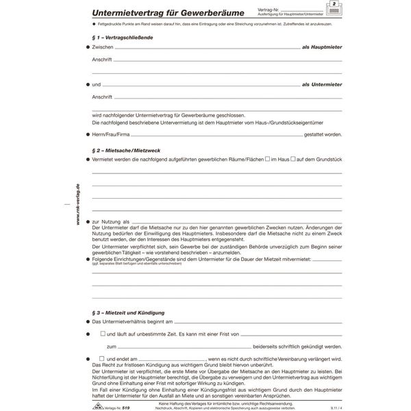 10X Rnk Verlag 519 Contratto Di Subaffitto Per Locali Commerciali, 4 Pagine, Piegato In Din A4-image
