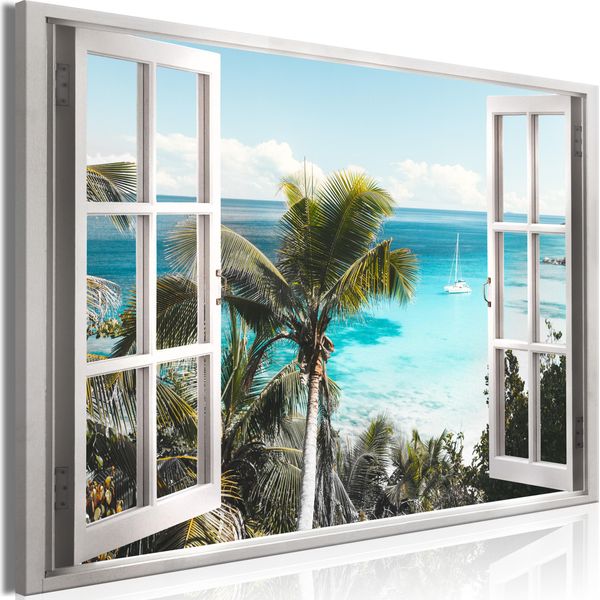 Murale Moderno Vista Finestra 90X60 - 1 Pezzo Fotografia Su Tela Non Tessuta Foto Decorazione Arte Murale Mare Spiaggia Isola C-C-0411-B-A-image