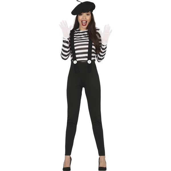 Costume Da Clown Mimo Nero Bianco A Strisce Berretto Carnevale Donna Vestito Moderno Elegante, Taglia: 44 - 46 (Xl) Colore: Nero-image