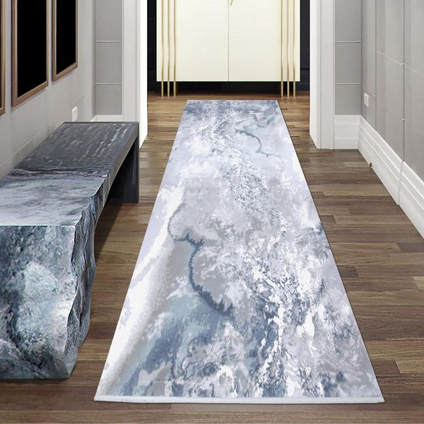 Tappeto In Lana Tappeto In Marmo Tappeto Moderno Astratto In Grigio Blu Crema Dimensioni - 80 X 300 Cm-image