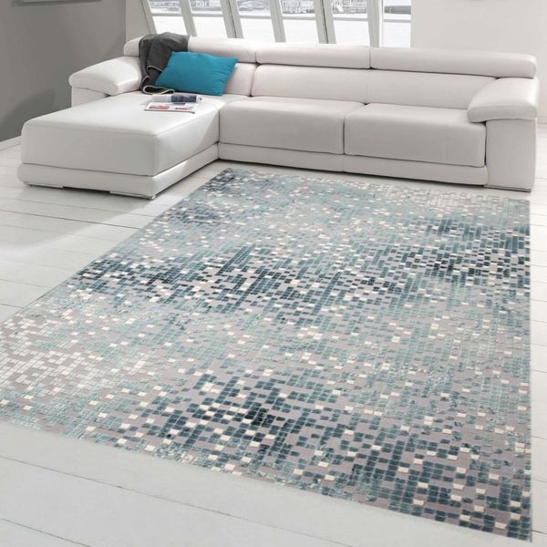 Tappeto Di Design Tappeto Moderno Tappeto Per Soggiorno Tappeto A Pelo Corto Con Taglio Sagomato A Quadri In Grigio Turchese Crema Dimensioni - 80 X 300 Cm-image