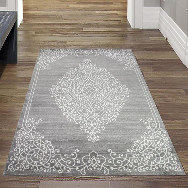 Tappeto Moderno Tappeto Orientale Con Ornamenti In Filato Glitterato Grigio Crema Dimensioni - 80 X 150 Cm-image