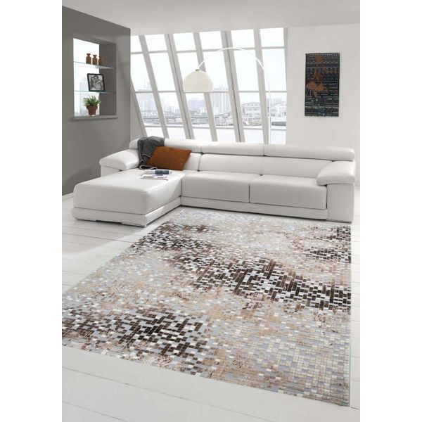 Tappeto Di Design Tappeto Moderno Tappeto Per Soggiorno Tappeto A Pelo Corto Con Taglio A Contorno Con Motivo In Grigio Marrone Beige Crema Dimensioni - 80X150 Cm-image