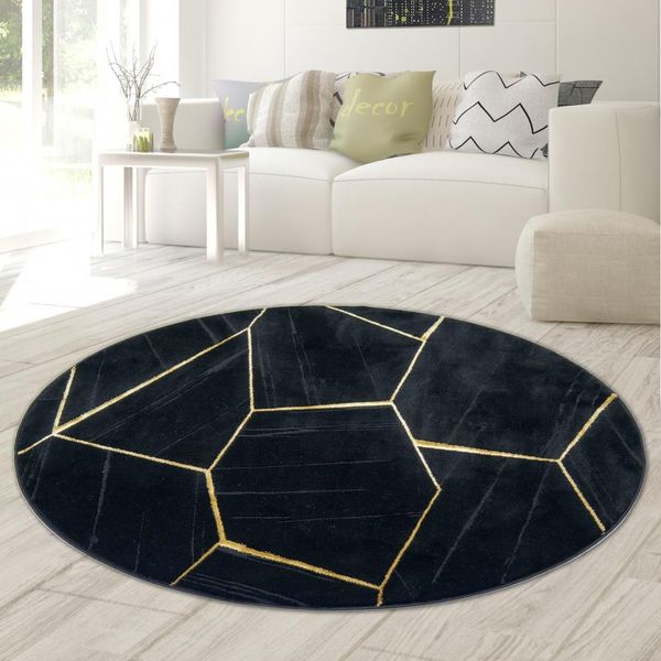 Tappeto Moderno Da Salotto Motivo Geometrico In Nero Oro Dimensioni - 200 Cm Rotondo-image