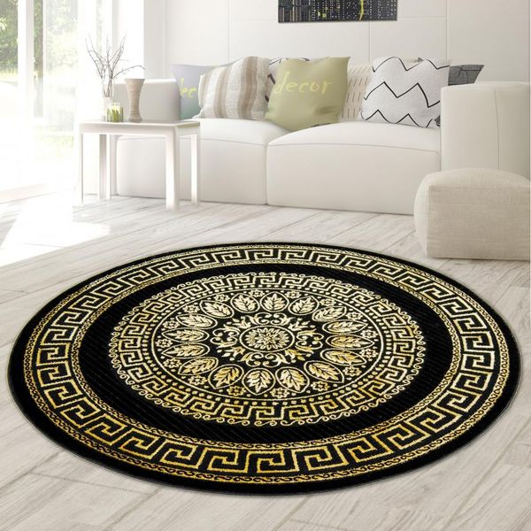 Tappeto Moderno Di Design Con Motivo A Meandro In Oro Nero Dimensioni - 200 Cm Rotondo-image