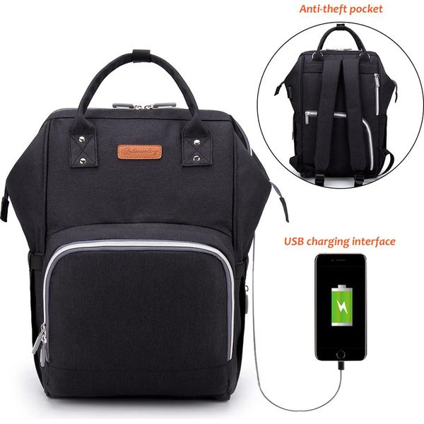 Zaino Da Viaggio Mamma Grande Borsa Fasciatoio Per Pannolini Borsa Per L'allattamento Del Bambino Con Porta Usb, (Nero)-image