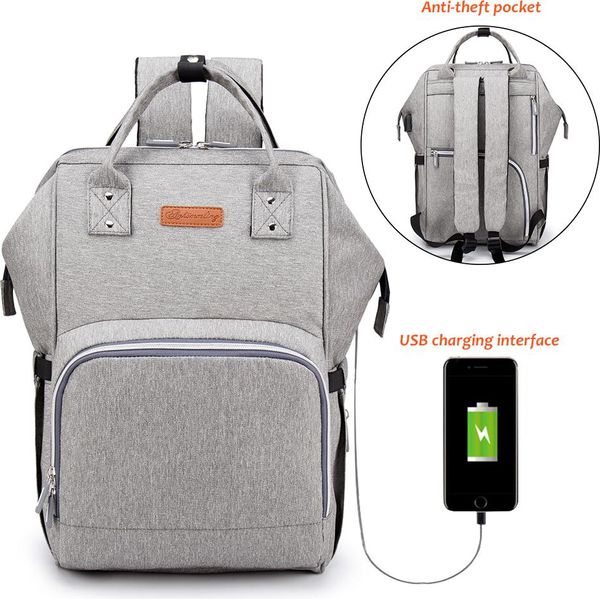 Zaino Da Viaggio Mamma Grande Borsa Fasciatoio Per Pannolini Borsa Per L'allattamento Del Bambino Con Porta Usb, (Grigio)-image