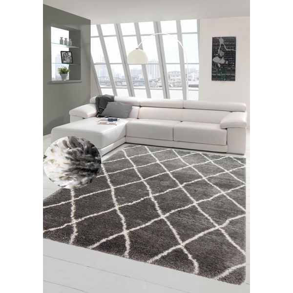 Tappeto Shaggy A Pelo Lungo A Pelo Alto Con Motivo A Diamante In Grigio Crema Dimensioni - 160X230 Cm-image