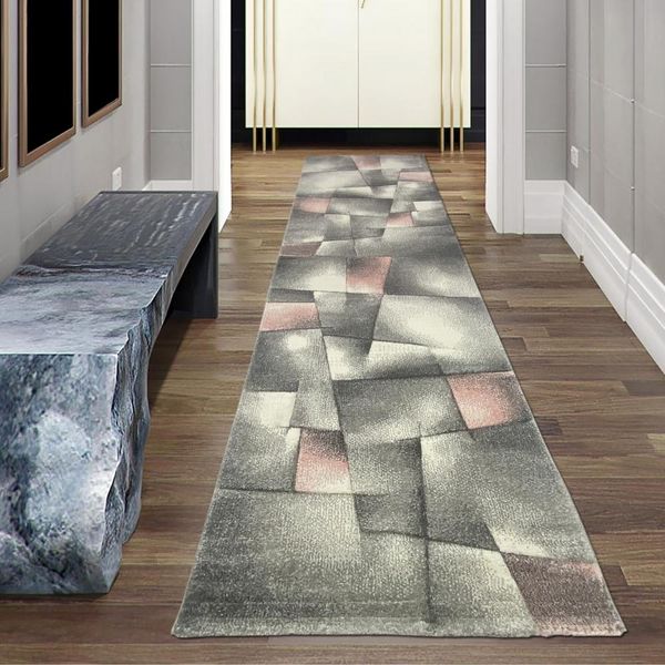 Tappeto Tappeto Moderno Da Salotto A Pelo Corto In Rosa Pastello Grigio Dimensioni - 80 X 300 Cm-image