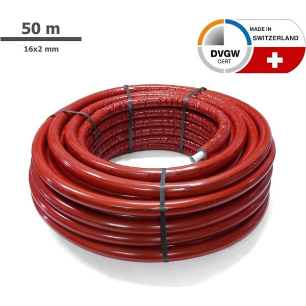 Pipetec Tubo Composito Multistrato In Alluminio Preisolato (Dvgw) Rotolo Da 50 M Tubo 16 X 2 Mm Isolamento 10 Mm Rosso: 16 Mm X 10 Mm Dimensione: 16 Mm X 10 Mm-image