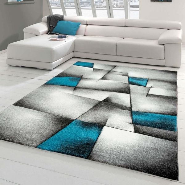 Tappeto Di Design Tappeto Moderno Tappeto Per Il Soggiorno Tappeto A Pelo Corto Con Motivo A Quadri Tagliato A Contorno Grigio Turchese Bianco Nero Dimensioni - 120 X 170 Cm-image