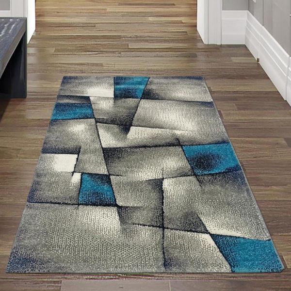 Tappeto Di Design Tappeto Moderno Tappeto Per Il Soggiorno Tappeto A Pelo Corto Con Motivo A Quadri Tagliato A Contorno Turchese Grigio Bianco Nero Dimensioni - 80 X 150 Cm-image