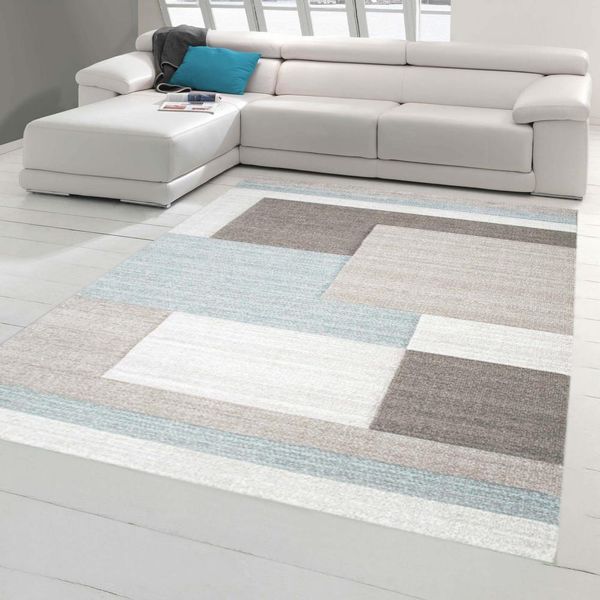 Tappeto Di Design Tappeto Moderno Tappeto Per Il Soggiorno Tappeto A Pelo Corto Con Motivo A Quadri Tagliato A Contorno Colori Pastello Blu Crema Beige Dimensioni - 120 X 170 Cm-image