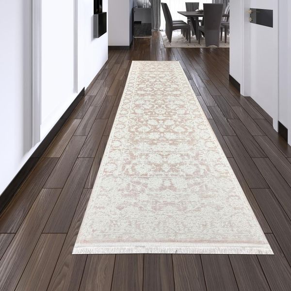 Tappeto Vintage Moderno Da Salotto Tappeto Di Design Con Frange In Rosa Dimensioni - 80 X 300 Cm-image