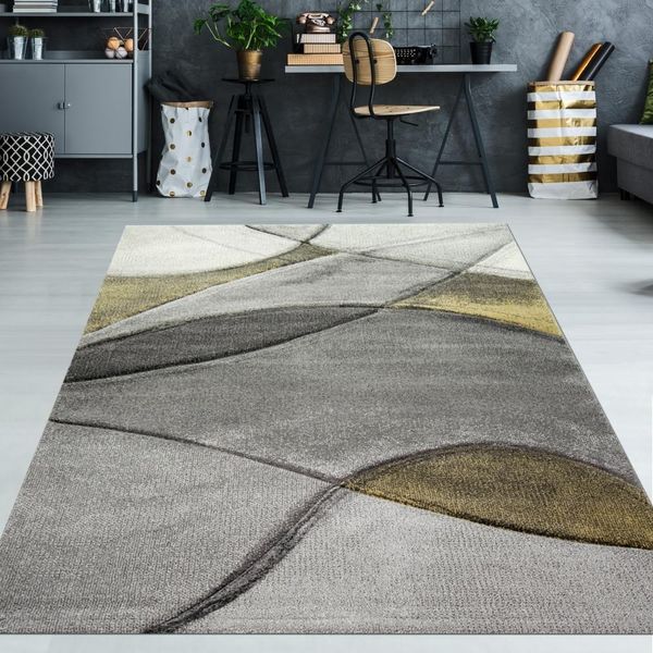Tappeto Moderno Da Salotto Astratto In Giallo Grigio Pastello Dimensioni - 60 X 110 Cm-image