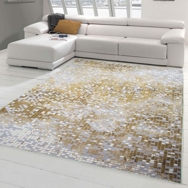 Tappeto Di Design - Runner - Tappeto Moderno A Pelo Corto Con Taglio Sagomato A Quadri In Grigio Senape Giallo Crema Dimensioni - 80 X 300 Cm-image